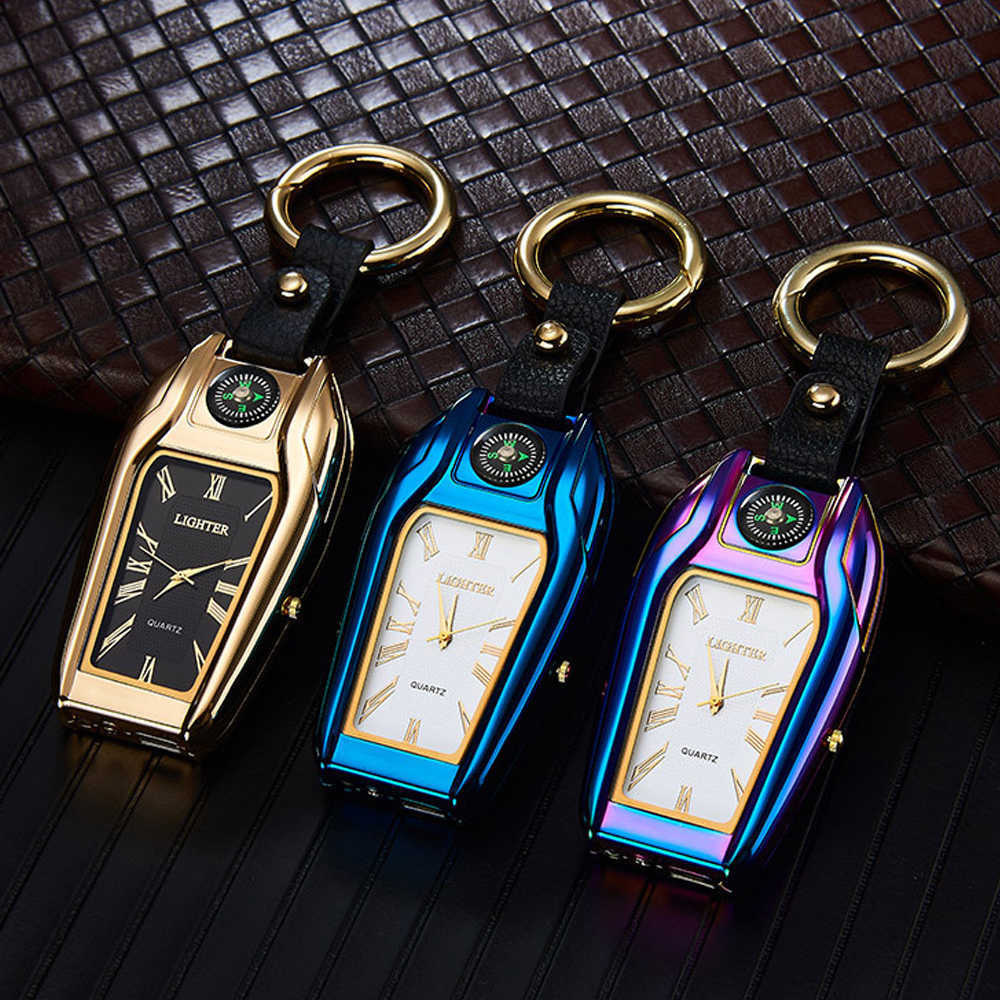 자동차 키 체인 충전식 전기 시계 USB 가벼운 쿨 전자 플라즈마 점화 화기 흡연 액세서리 남성용 PQWT