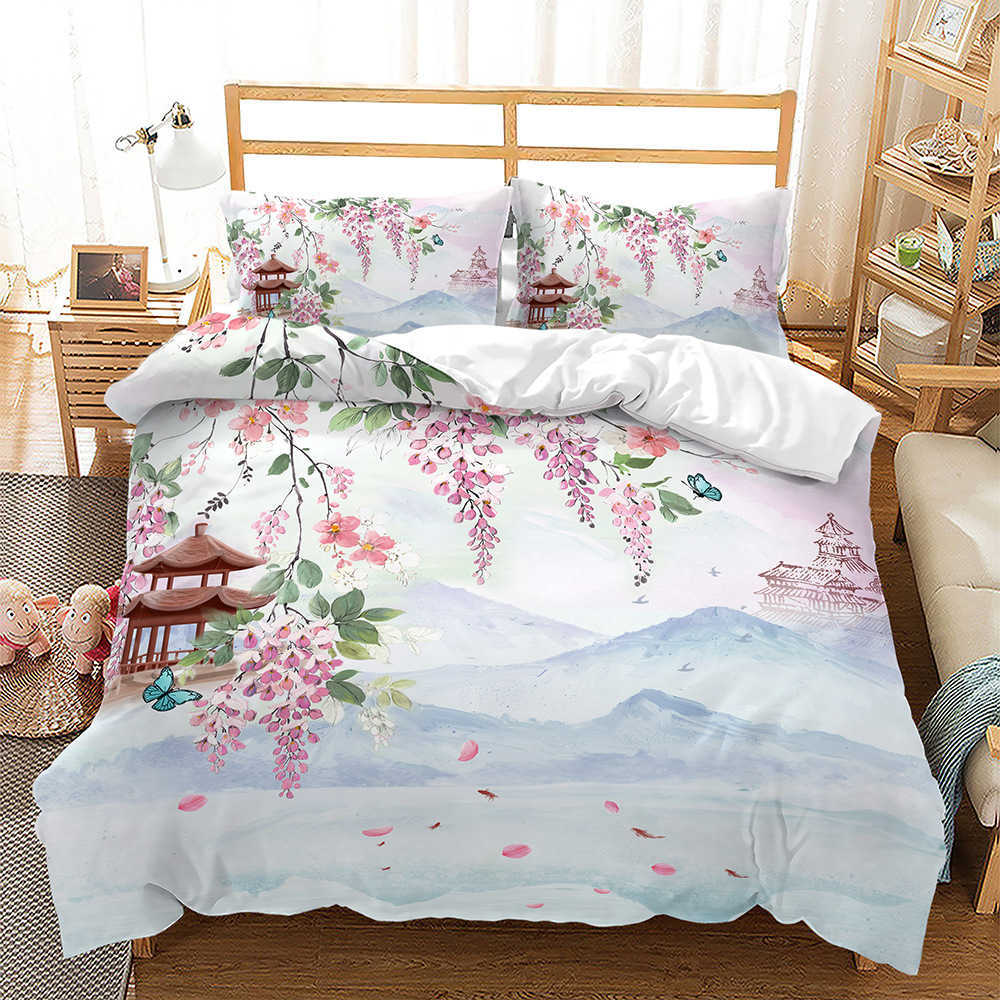 Sängkläder sätter rosa blommig täcke omslag Cherry Blossoms tema Sängkläder set Spring Romantic Quilt Cover för flicka sängäcke R230901