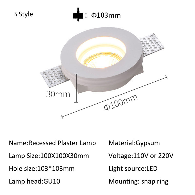 Gypsum DownLights 7W Recessed LED Square Round GU10 LED Gypsum Ceiling Hole Light Anti Glare Ceiling Lamp in The Living Room