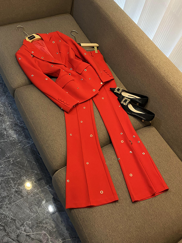 2023 Autumn Blue Metal Hole Two Piece Pants Sets Long Sleeve Notched-Lapel Single-Breasted Blazers Top & Flare Trousers Pants Suits Set Two Piece Suits O3G302679