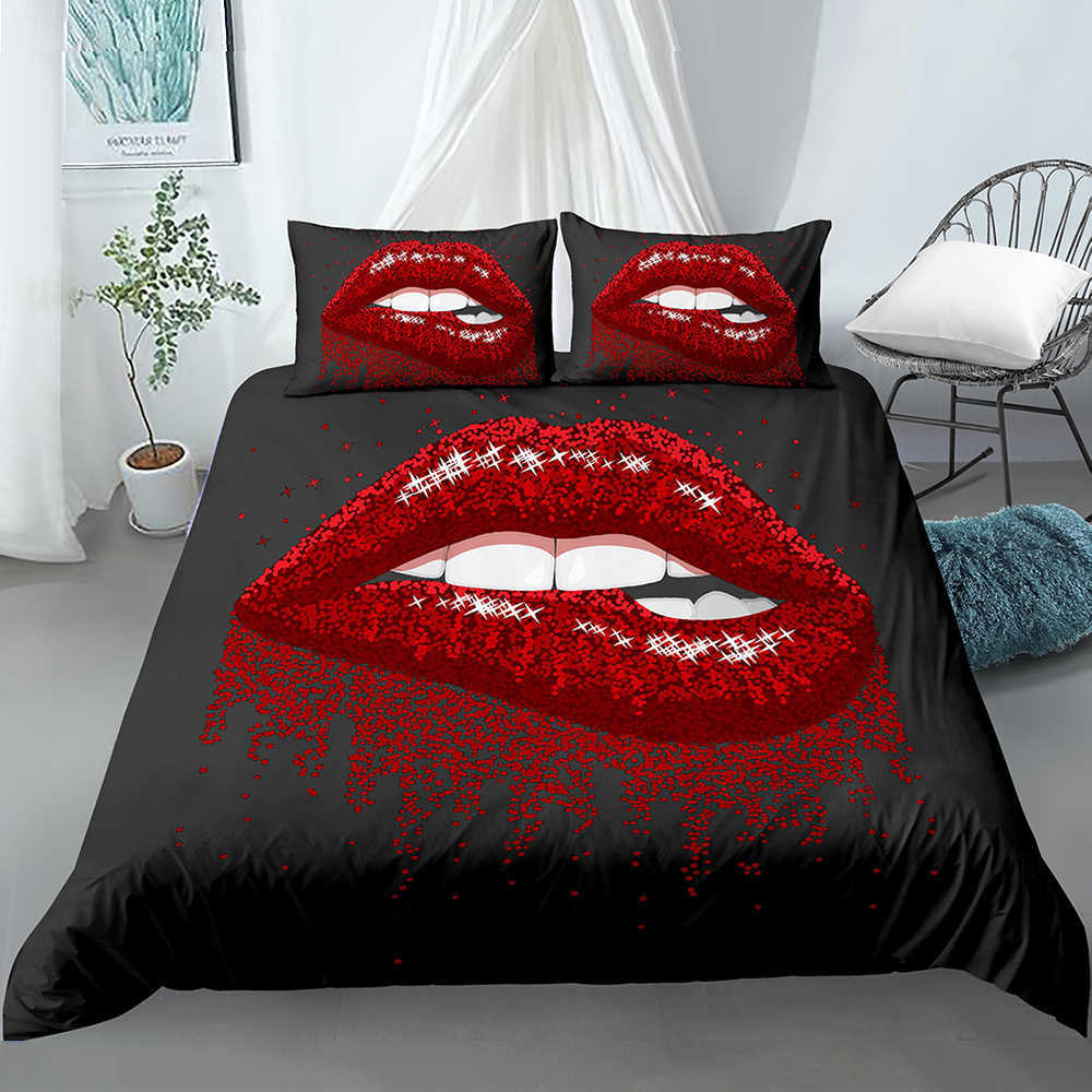 Постилочные наборы наборов красных губ поддельной крышкой для подготовки к постели для подготовки к сексуальной одежде набор 3D поцелуй.