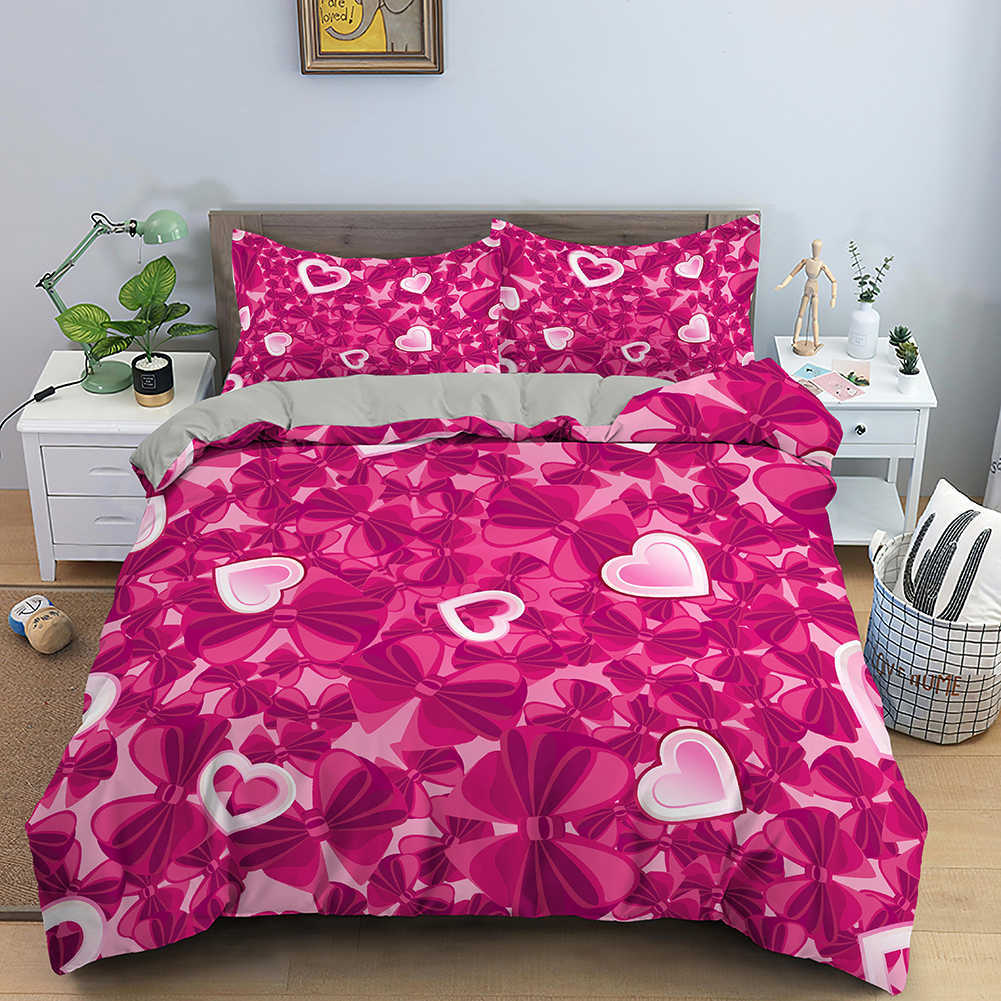 Bedding sets Pink Heart Print Bedding Set For Adults Girls Duvet Cover With case Soft Breathable Quilt Cover Sizes R230901