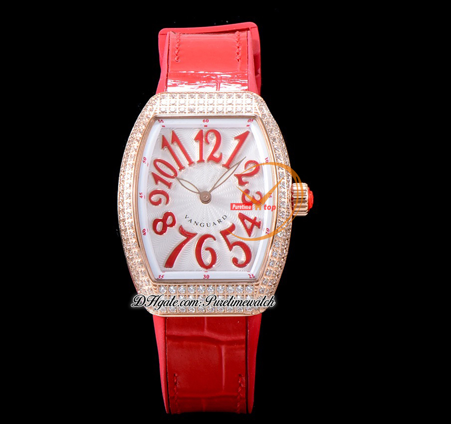 ABF V32 Vanguard Color Dream Cronografo svizzero al quarzo Orologio da donna Cassa con diamanti Cassa in oro rosa MOP Quadrante Pelle rossa Lady Super Edition Reloj Hombre Puretime M13