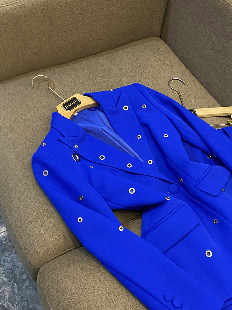 2023 Autumn Blue Metal Hole Two Piece Pants Sets Long Sleeve Notched-Lapel Single-Breasted Blazers Top & Flare Trousers Pants Suits Set Two Piece Suits O3G302679