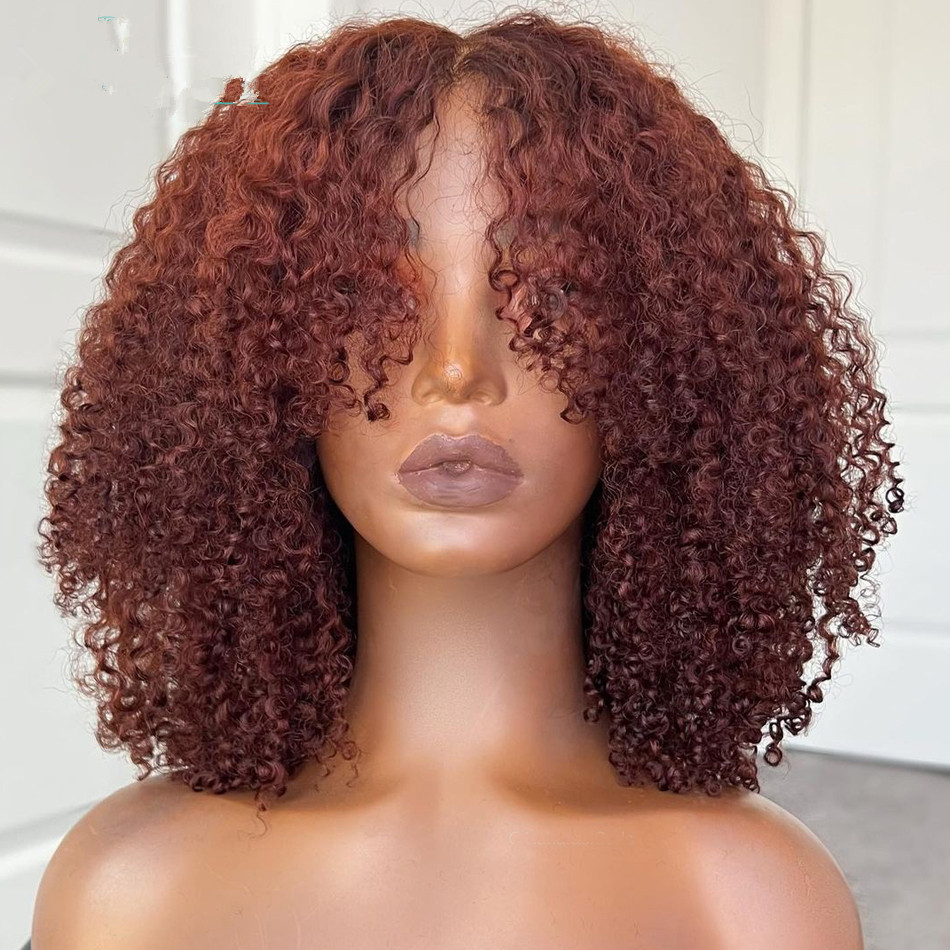 Reddish Brown Cheveux Humain Fair Peruka Copper Red 4a 3C Afro Kinky Curly Peruka z grzywką Brazylijska maszyna Made Bang Wig Human Hair