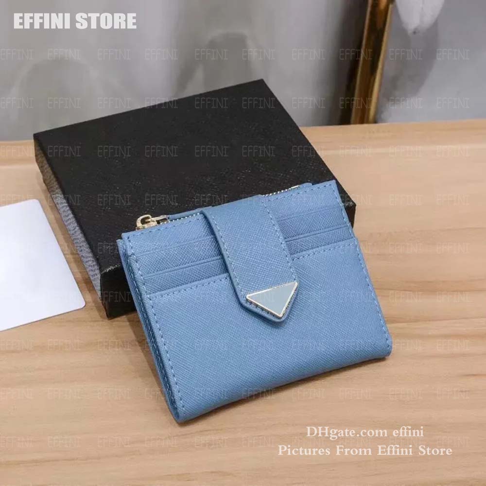 Triangle Short Designer Wallet Mini Credit Card Holder Men Women Saffiano Genuine Leather Pouch with Zipper Coin Purse Luxury Wallets Cardholder Clutch Bags Effini