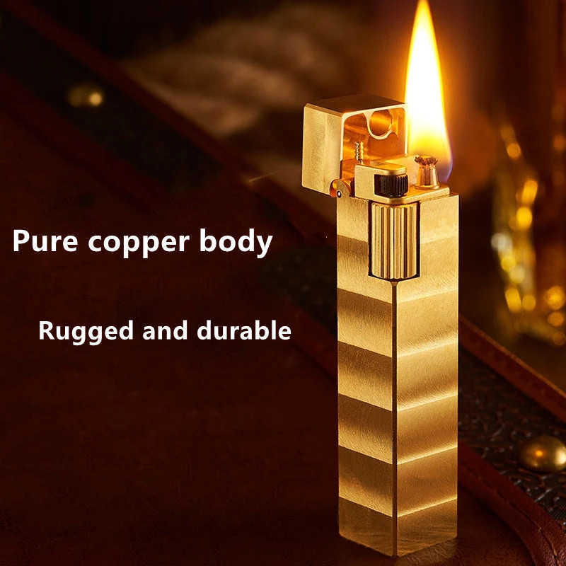 Retro Handmade Pure Copper Kerosene Lighter Small Square Side Pulley Wheel Cigarette Smoking Accessories Gadgets VM31