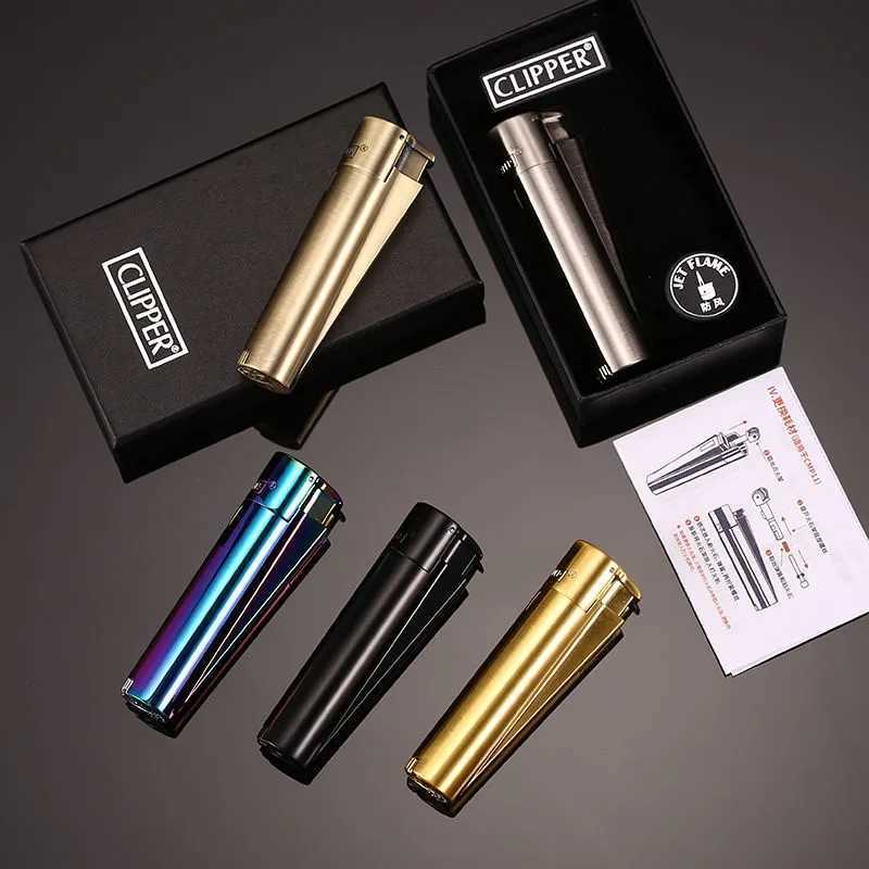 CLIPPER Metal Butane No Gas Lighter Windproof Straight Jet Blue Flame With Dust Cap Gift Box Smoking Accessories Gadgets For Men ZKZL