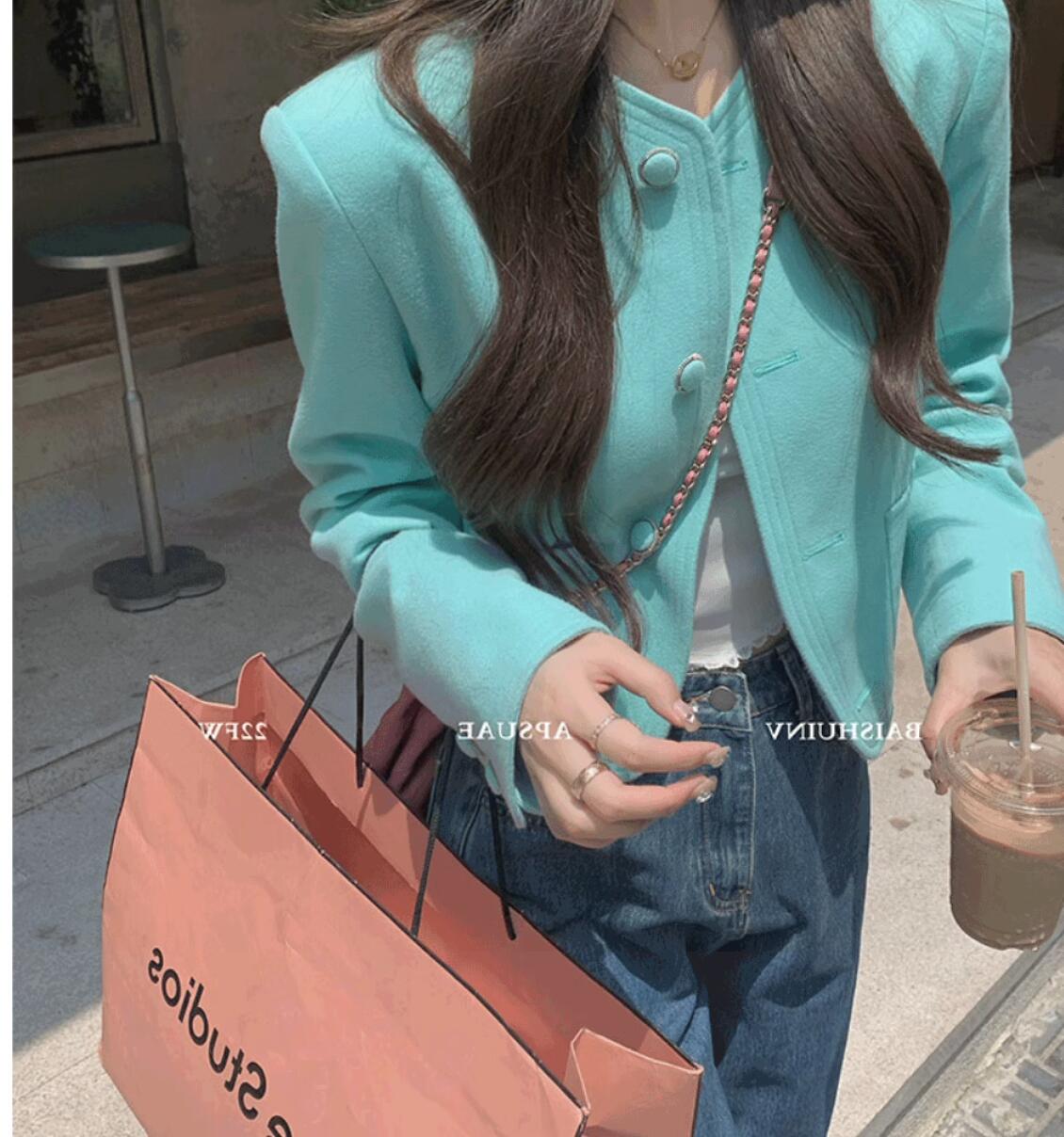 أزياء جديدة للنساء O-neck Woolen Mint Green Color Autumn Alegant Jacket Coat Coat Plus Smlxl