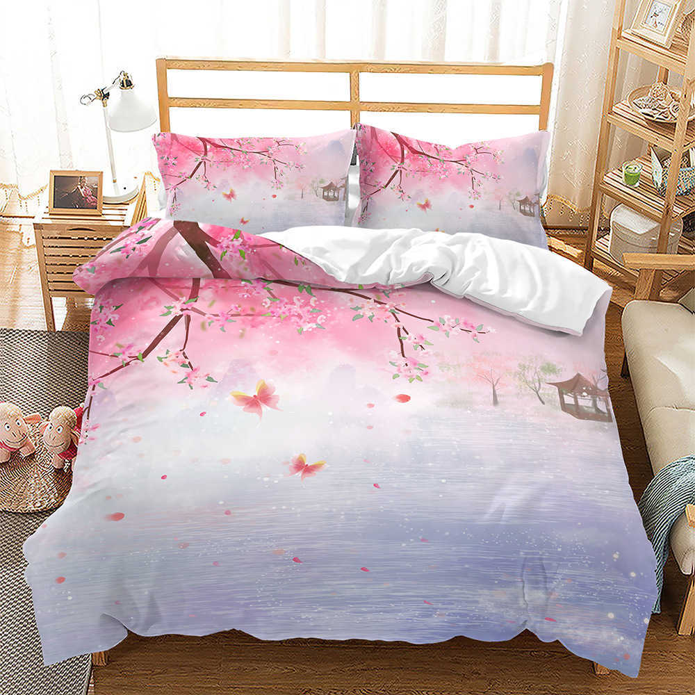 Conjuntos de cama rosa floral capa de edredão flores de cerejeira tema conjunto de cama primavera romântico colcha capa para menina colcha