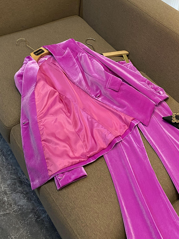 2024 Autumn Magenta Velor Two Piece Pants Set Long Sleeve Notched-Lapel Single-Breasted Blazer Blazers Top Flare byxor Byxor Set O3G302571