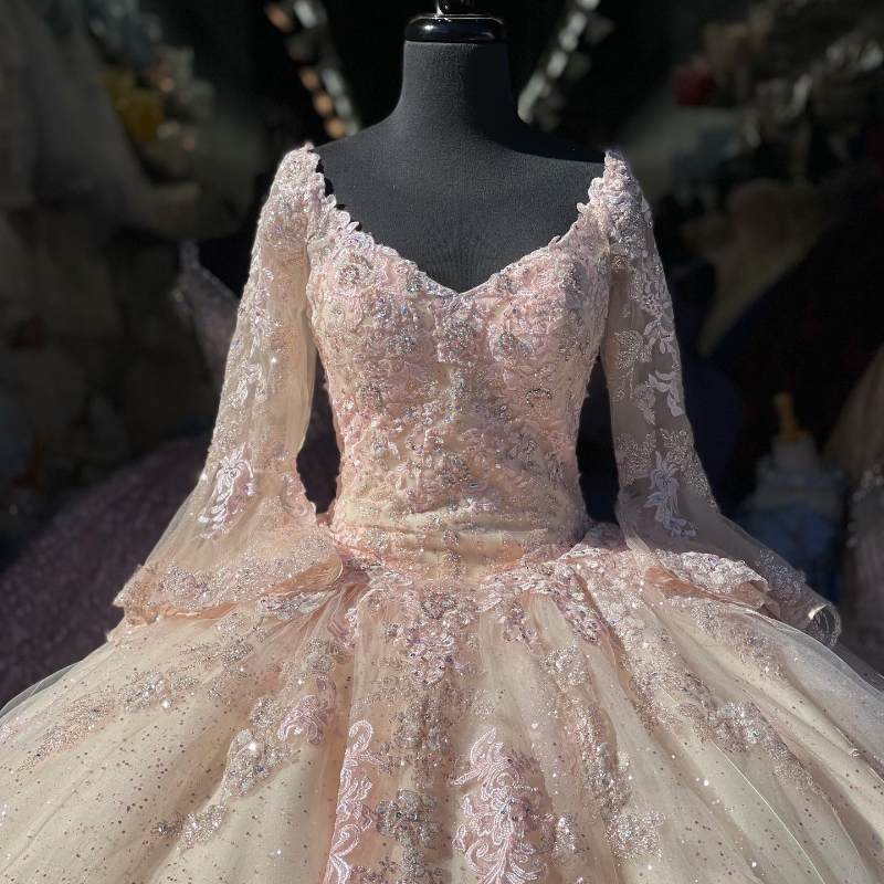 Rosa com decote em v vestido de baile quinceanera vestidos apliques rendas contas manga comprida princesa festa de aniversário vestido de baile vestidos de 15 anos