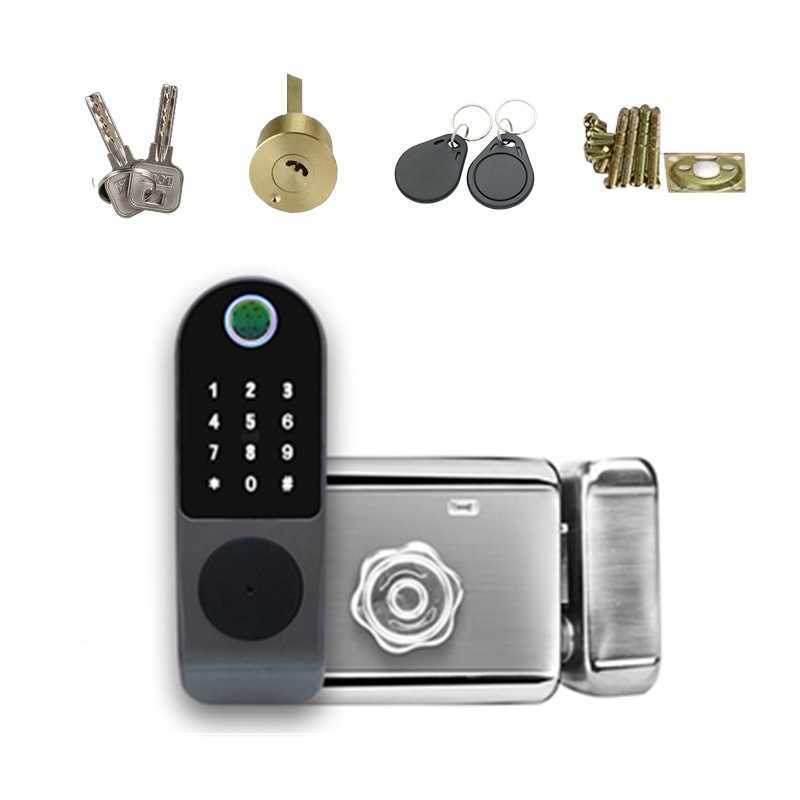 Dörrlås Inga ledningar Tuya WiFi Fingeravtryck Smart Door Lock Outdoor Gate Password RFID Card Keyless Front Electronic Mortise Home Alarm Lock HKD230902