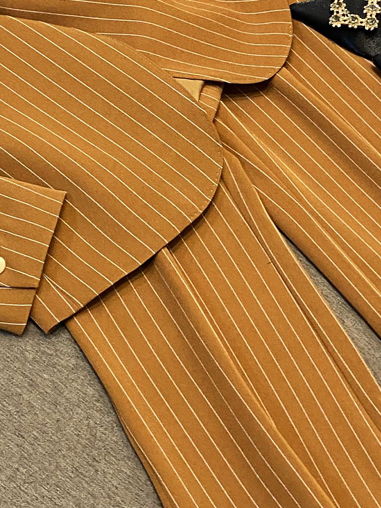 2023 Autumn Brown Striped 3D Flowers Two Piece Pants Set Long Sleeve Notched-Lapel Single-Breasted Blazers Top Long Pants Suits Set Two Piece Suits O3G300109