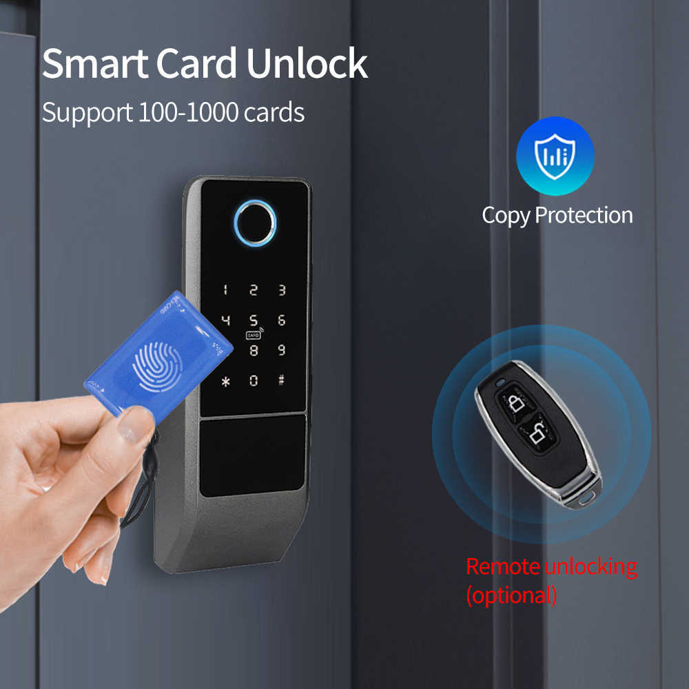 Zamki drzwi Brama odcisków palców Tuya Wifi Outdoor inteligentny blokada drzwi cyfrowa IC Karta Rim Electronic Door Block Odpowiednia do domu ogród HKD230902
