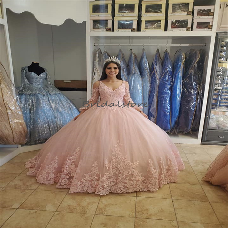 Güzel pembe quinceanera elbiseler 2023 uzun kollu prenses dantel balo elbisesi on beş doğum günü parti elbisesi xv tatlı 15 elbise vestidos para xv anos balo kurdu