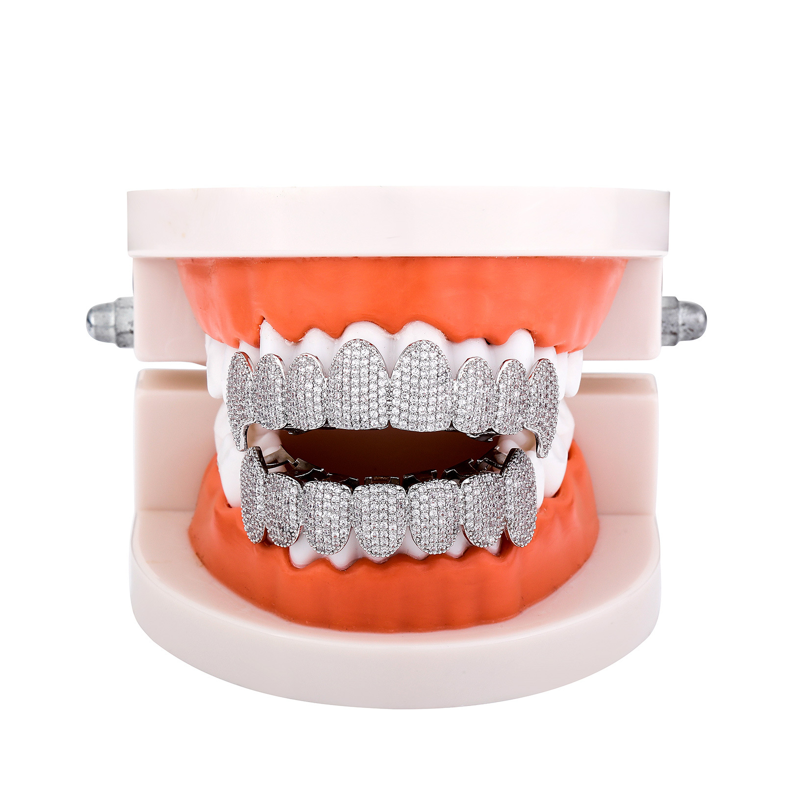 Ghiacciato Zirconi Cubici Teschio Denti Grillz Oro Reale 18K Punk Hip Hop Diamante Pieno Fang Griglie Brace Dente Cap Rapper Gioielli il Corpo Cosplay Festa in Costume di Halloween