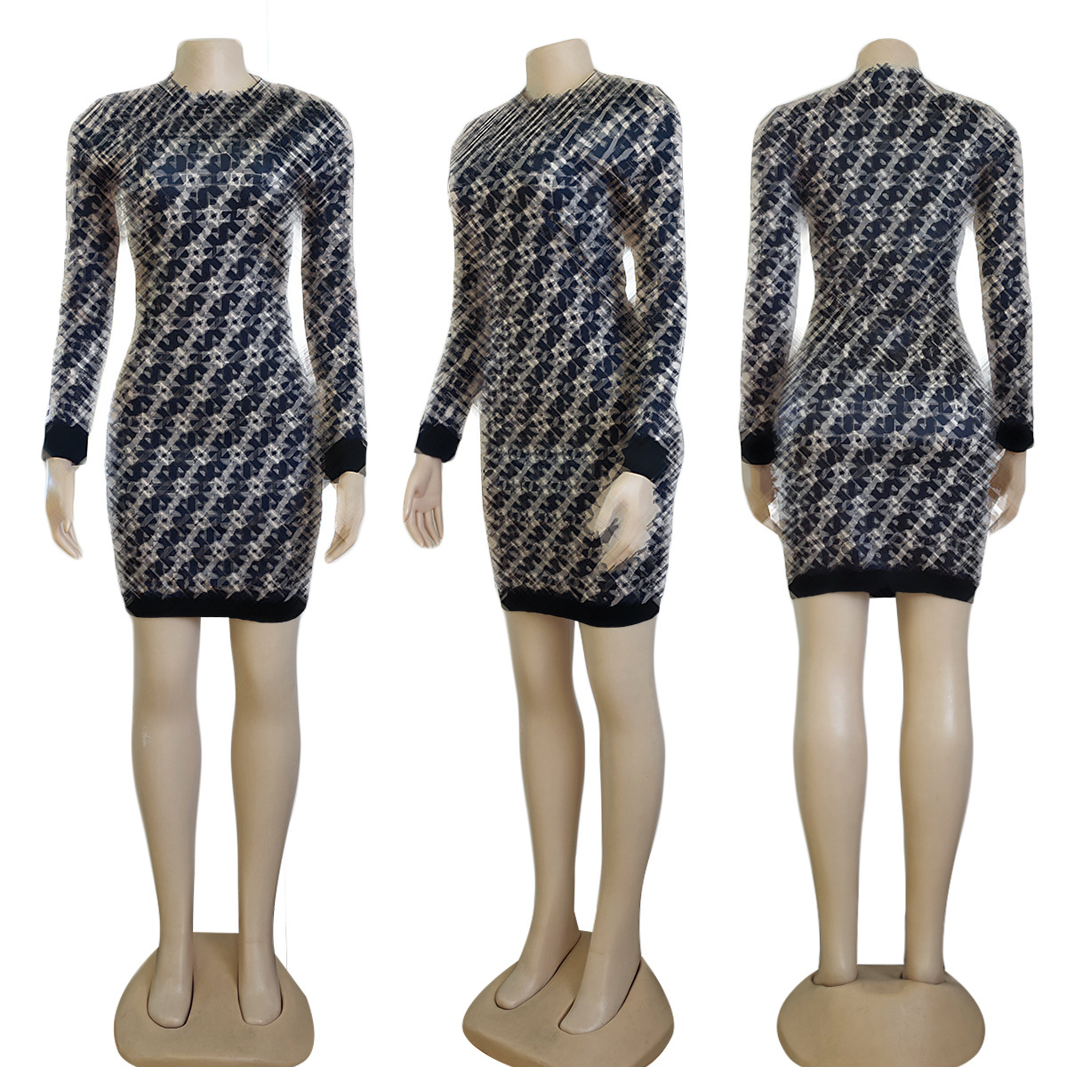 Slim Bodycon Dress Women Designer Print Long Sleeve Short Mini Dresses Free Ship