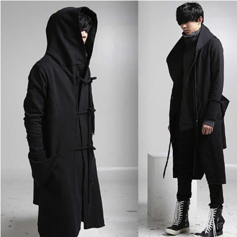 رجال الرجال للرجال Sweatshirts Winter Men Linen Rope Button Hip Hop Long Hoodie Hoodie Gothic Hooded Cloak Nightclub DJ Singer Punk Rock Stage Hoodies LST230902