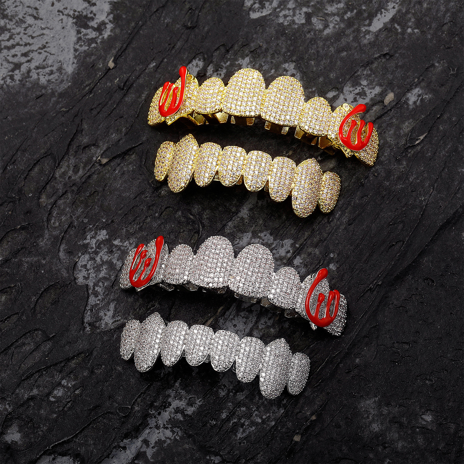 Bling Cubic Zirconia Skull Teeth Fang Grillz 18K Real Gold Punk Hip Hop Full Diamond Grills Brace Tooth Cap Rapper Body Jewelry for Cosplay Halloween Costume Party