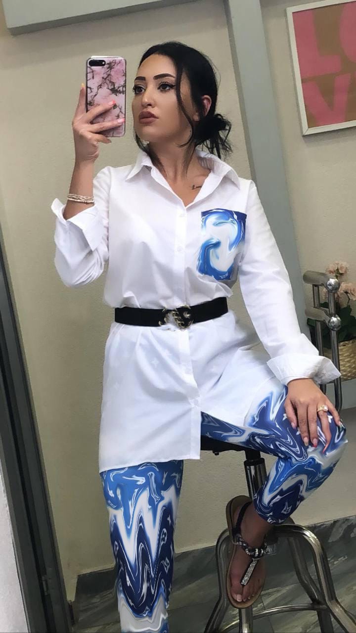 여자 고급 디자이너 가을 셔츠 세트 패션 프린트 긴 소매 섹시한 기질 패치 워크 포켓