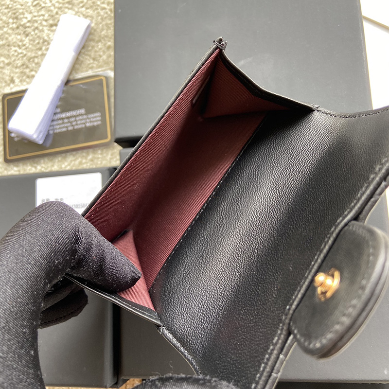 本物の革の女性ウォレットファッションデザイナー小さな財布黒いラムシンコインバッグゴールド/スライバーメタルハードウェアショッピングチェックブックポケットボックス