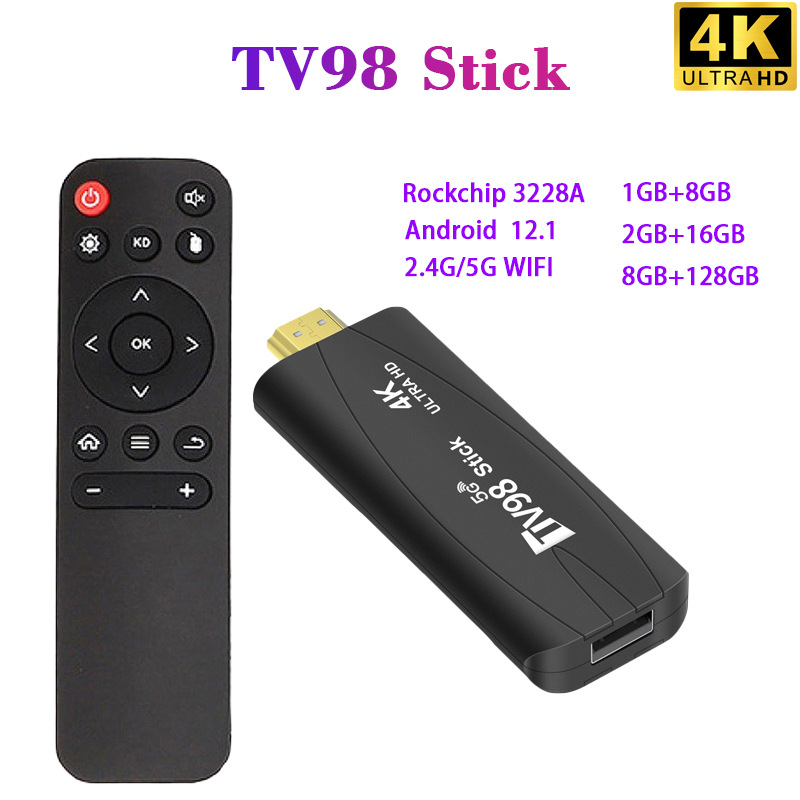 TV98 TV 스틱 4K 스마트 2.4G 5G WiFi Android TV Box 12.1 Rockchip 3228A HDR Set Top OS HD 3D 휴대용 미디어 플레이어