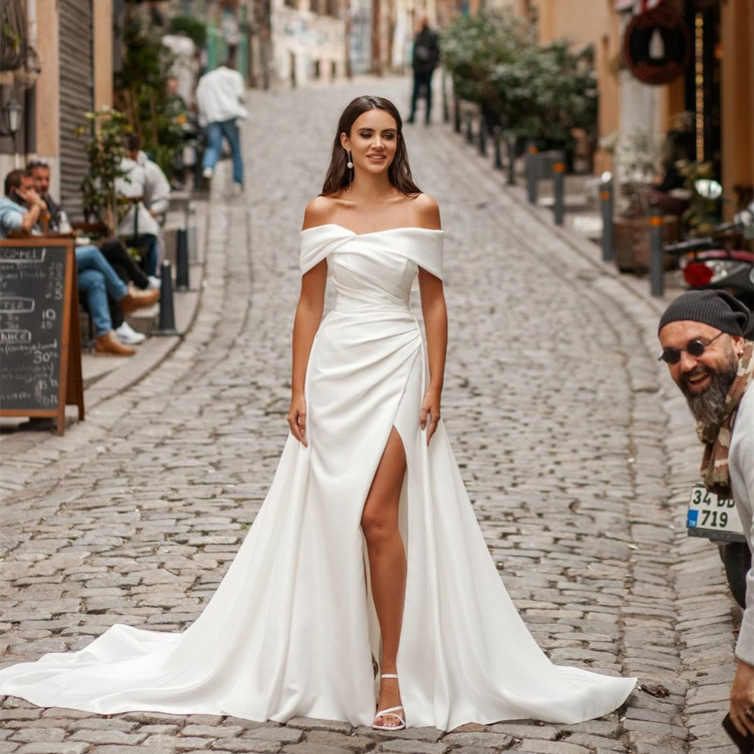 Elegante lange schulterfreie Krepp-Brautkleider mit abnehmbarer Schleppe, Meerjungfrau, Elfenbein, Korsettrücken, Vestidos de Novia, Abendkleider, Brautkleider mit Falten für Frauen