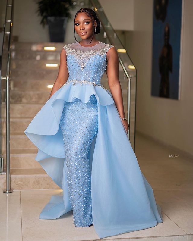 2023 Aso Ebi arabe ciel bleu sirène robe de bal perles cristaux sexy soirée formelle fête deuxième réception anniversaire robes de fiançailles robes robe de soirée ZJ238