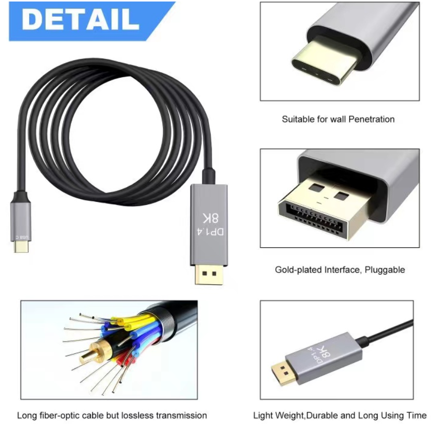 Cabo USB-C para DisplayPort 1.4 8K com carregamento PD 8K60Hz 4K144Hz Thunderbolt 3 Type C para DP 1.4 Conversão bidirecional para PC Laptop