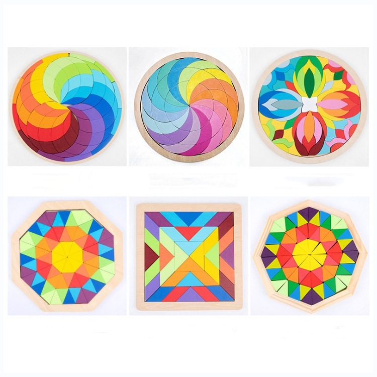 Gros personnalisé rond Puzzle jeux en bois Tangram couleur Puzzle bloc modèle marbre Puzzle en bois Puzzles jouets pour enfants Iq Puzzle cadeau de noël