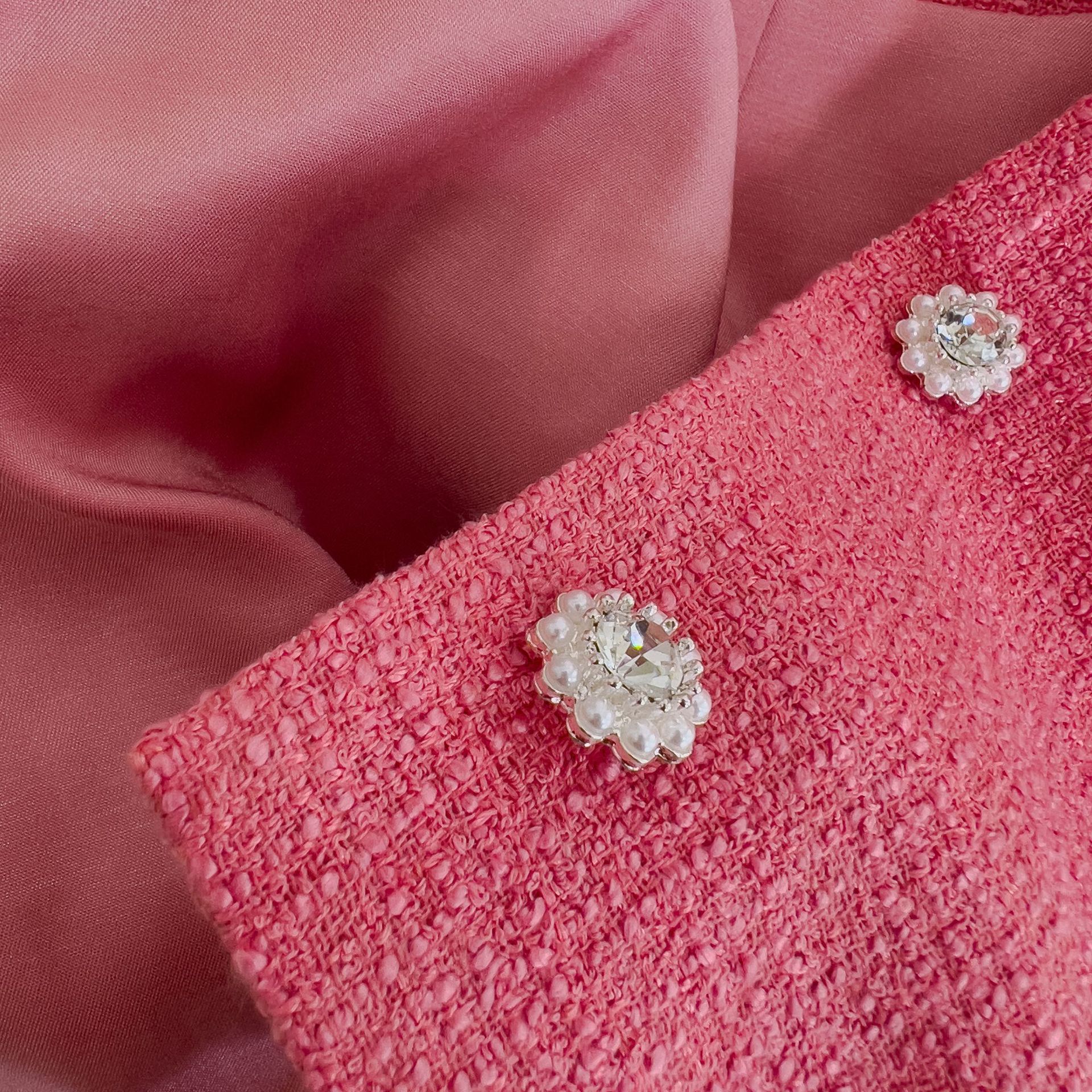 2023 Autumn Pink Solid Kolor Tweed Kurtka z długim rękawem szyi podwójne kieszenie na pojedynczą kurtki z pojedynczych kurtkami Krótka warstwa pod względem zewnętrznym J3G301467