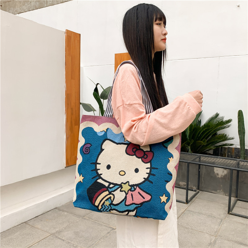 Anime mönster bulk tillfällig förvaring tote canvas väska shopping väska axel jacquard vävt broderi tecknad moe netflix student tote kvinnors väska dhl