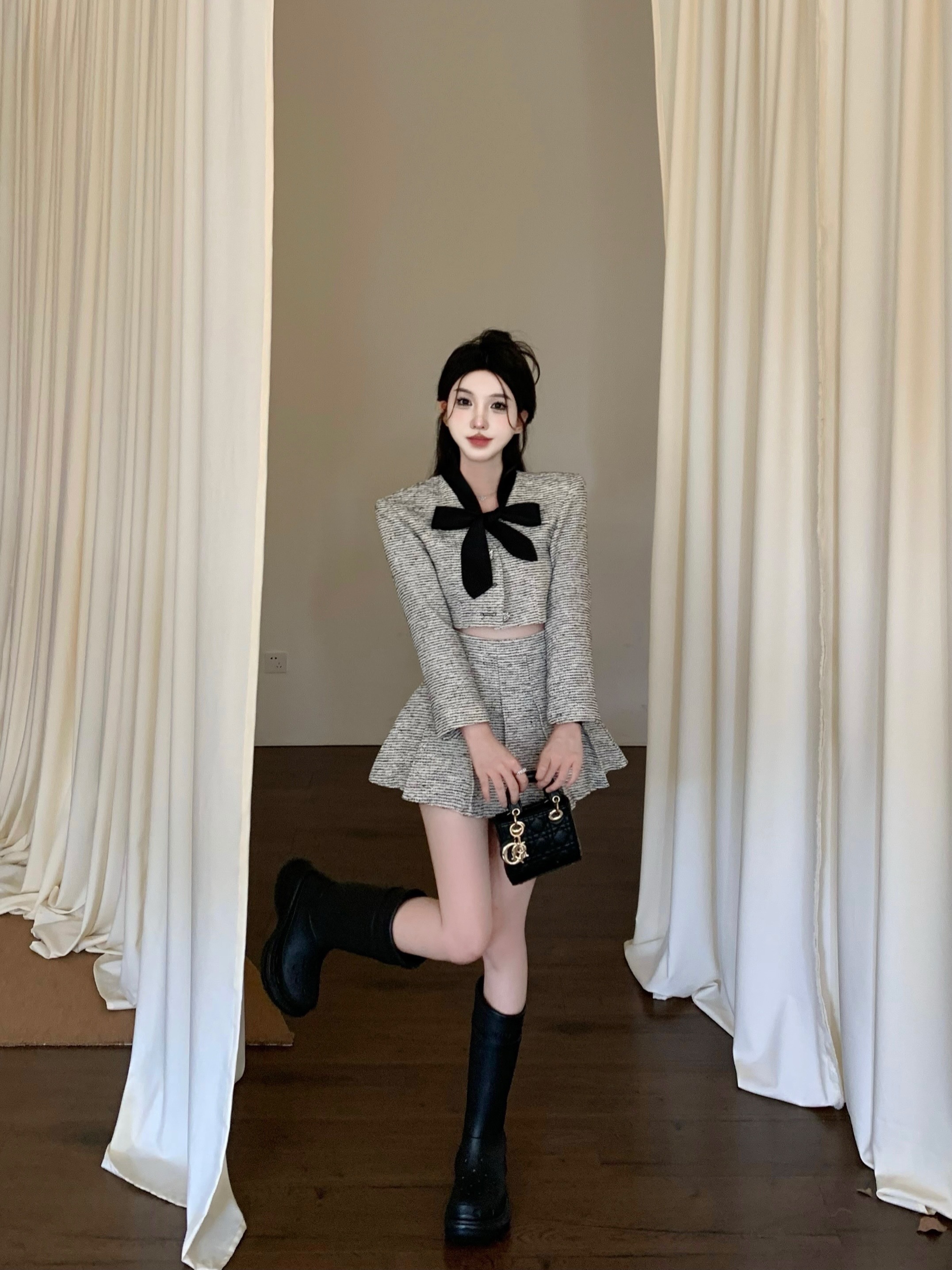 Women's autumn lacing bow collar tweed woolen high waist short jacket and pleated mini skirt twinset dress suit SML