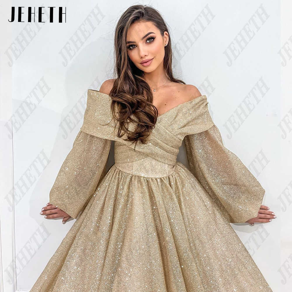 基本的なカジュアルドレスJeheth Champagne Puff Sleeves Prom Gowns Glitter Off Shourdeld V-NeckDress Shiny Tulle A-Line Vestidos De Graduacin LST230904