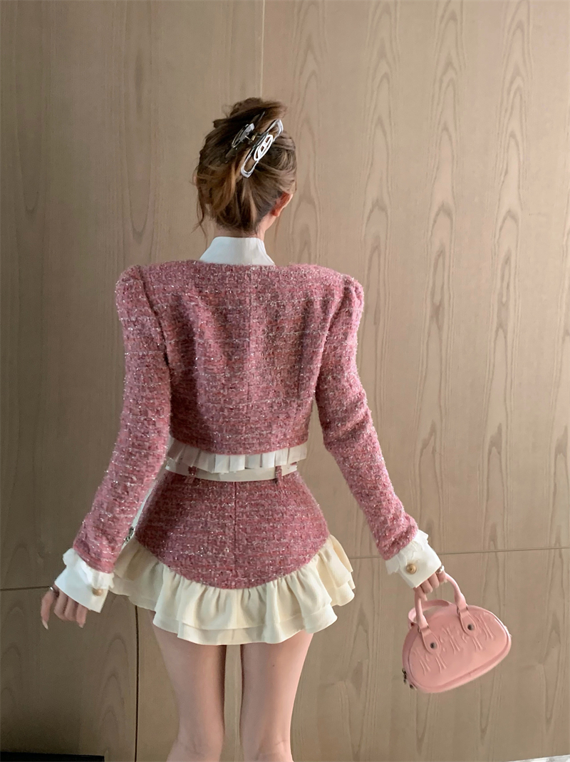 Women's autumn lacing bow collar sweet pleated ruffles patchwork tweed short jacket and sashes mini skirt twinset dress suit XSSML