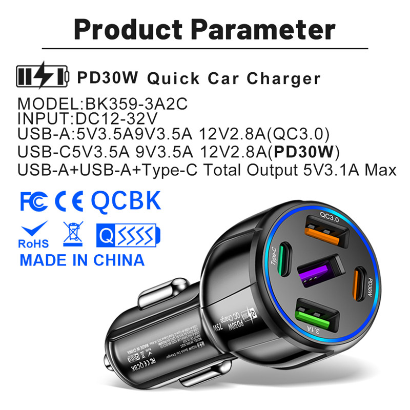 75W 3,1A Autoladegerät 5 Ports Schnellladegerät QC 3.0 USB-Ladegerät PD 30W Typ C Handy-Ladegerät-Adapter für iPhone 15 14 13 12 Xiaomi Huawei Samsung Schnellladegerät