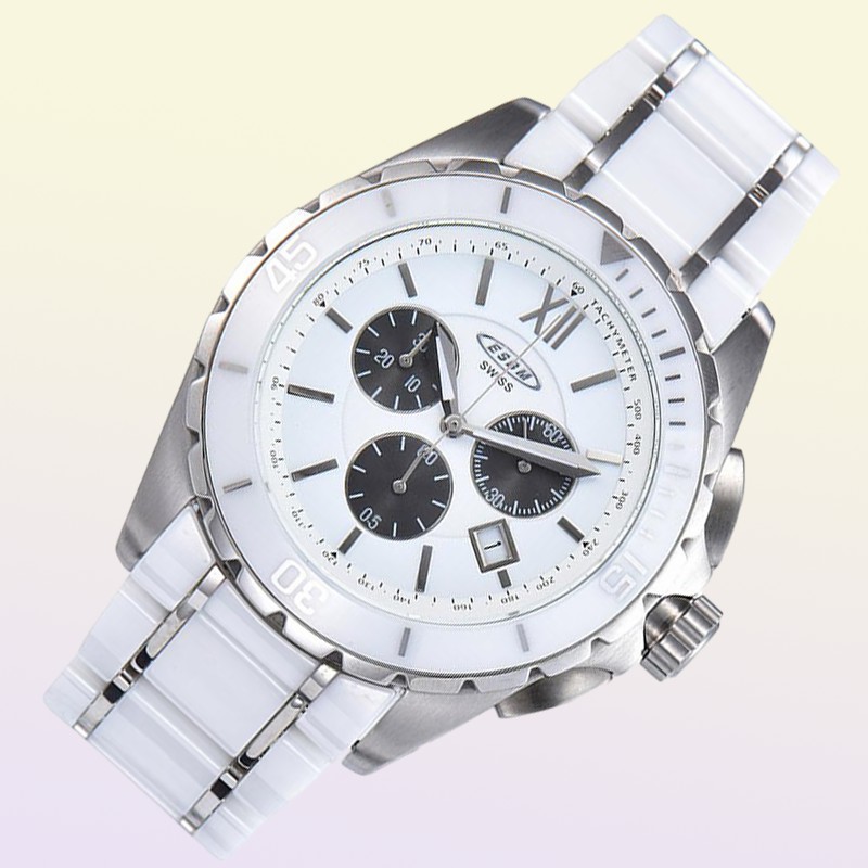 Nouveaux hommes Quartz montre blanc céramique twotone en acier inoxydable cadran argent mains chronograph260c8399793