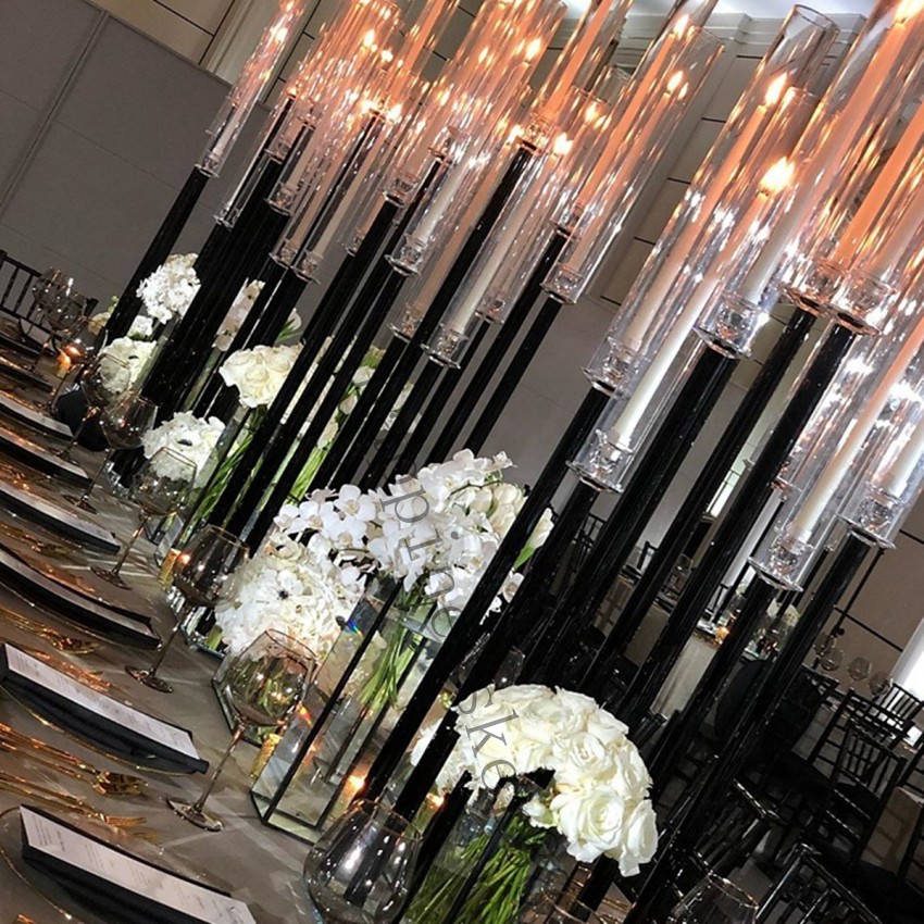 9 arms Tall black Candelabra Crystal Wedding Acrylic Centerpieces black metal Candle Holder For Wedding Decorations