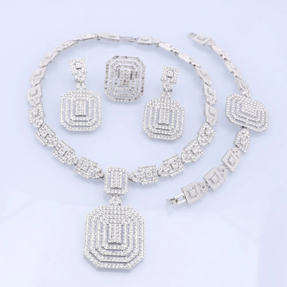 Luxus Gold Farbe Kristall Schmuck Sets Für Frauen Halskette Ohrringe Ring Armband Party Geburtstag Geschenk