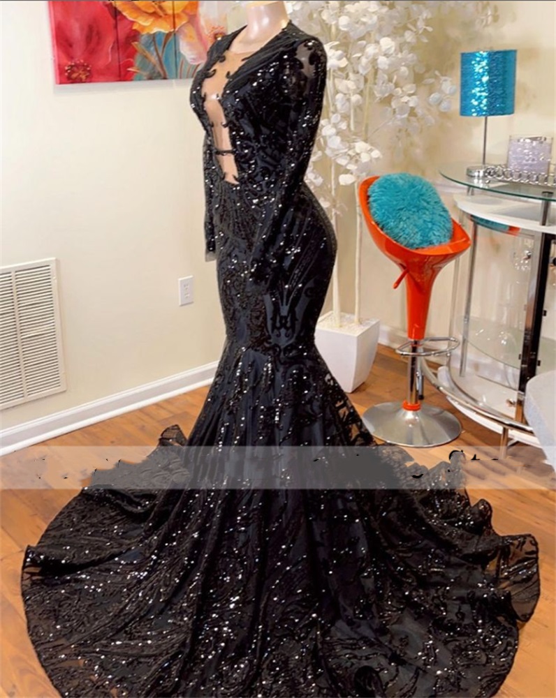 Elegant Black Mermaid Long Sleeve Prom Dresses High Neck Sequin Black Girls Evening Gowns 2023 For Party Dress