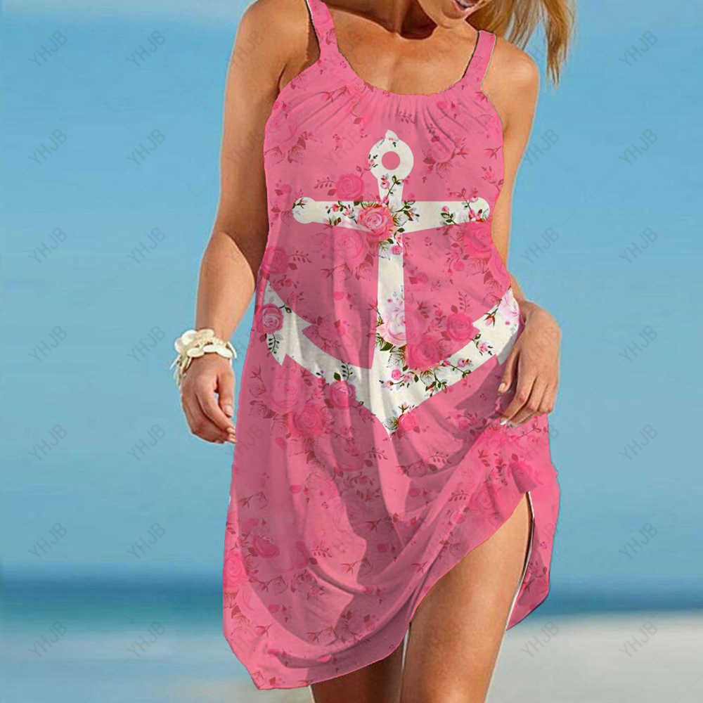 Robes décontractées de base Robe imprimée dos nu sexy femmes ancre bateau manches imprimées robes colorées décontractées 2023 vacances d'été volants dame robe de plage LST230904