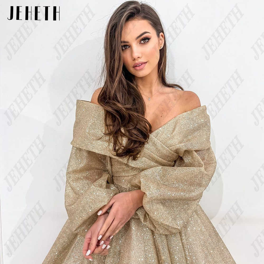 基本的なカジュアルドレスJeheth Champagne Puff Sleeves Prom Gowns Glitter Off Shourdeld V-NeckDress Shiny Tulle A-Line Vestidos De Graduacin LST230904