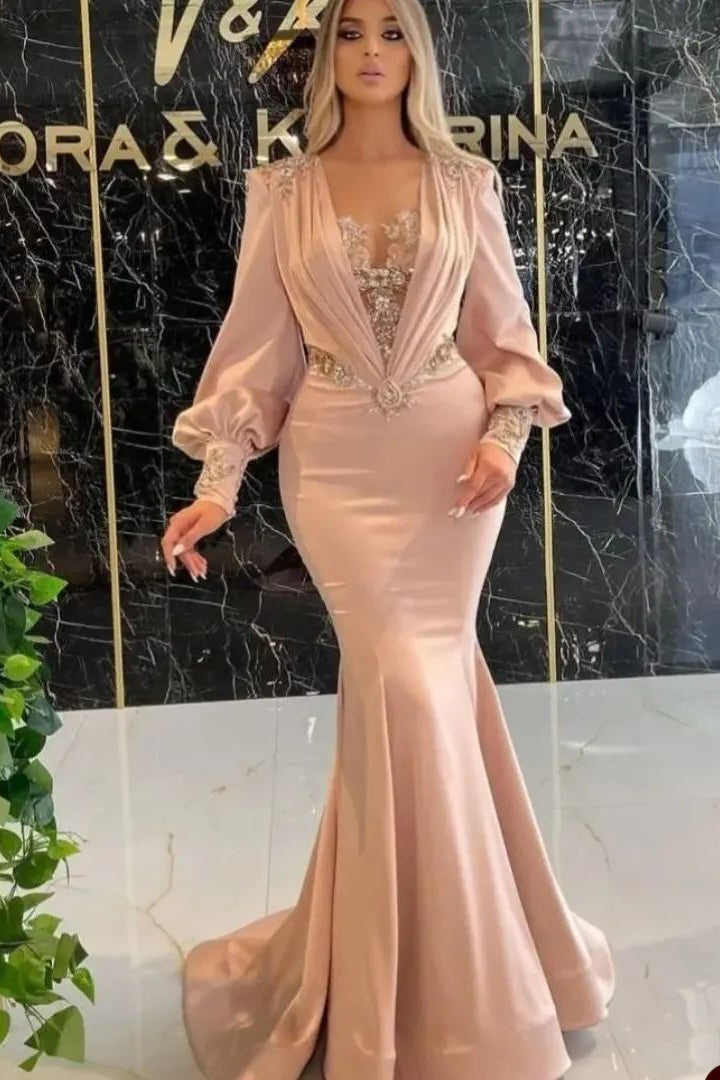 Elegant Pink Satin Mermaid Evening Dresses Deep V Neck Crystal Beading Long Sleeve Prom Gowns Custom Made Plus Size Pageant Party Wear