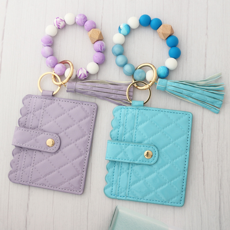 Portefeuille en cuir pour femmes, porte-clés en perles de Silicone, Bracelet perlé au poignet, pendentif pompon, sac de cartes, porte-clés cadeau