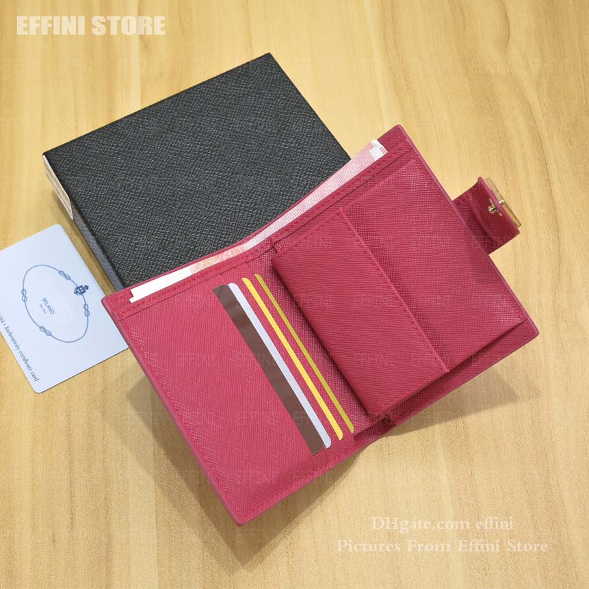 Triangle Simple Card Holder Wallet Designer Short Women Luxury Real Saffiano Genuine Leather Wallets with Coin Purse Money Clip Cardholder Mini Clutch Bags EFFINI