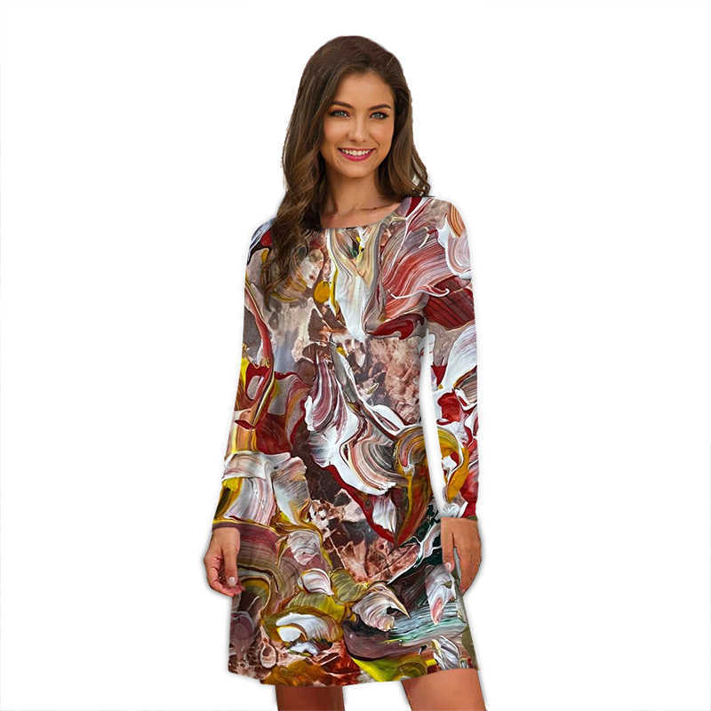 Vestidos casuais básicos vestidos de pintura a óleo feminino 2023 vintage arte abstrata impressão manga longa vestido solto outono inverno casual rua vestido de grandes dimensões lst230904