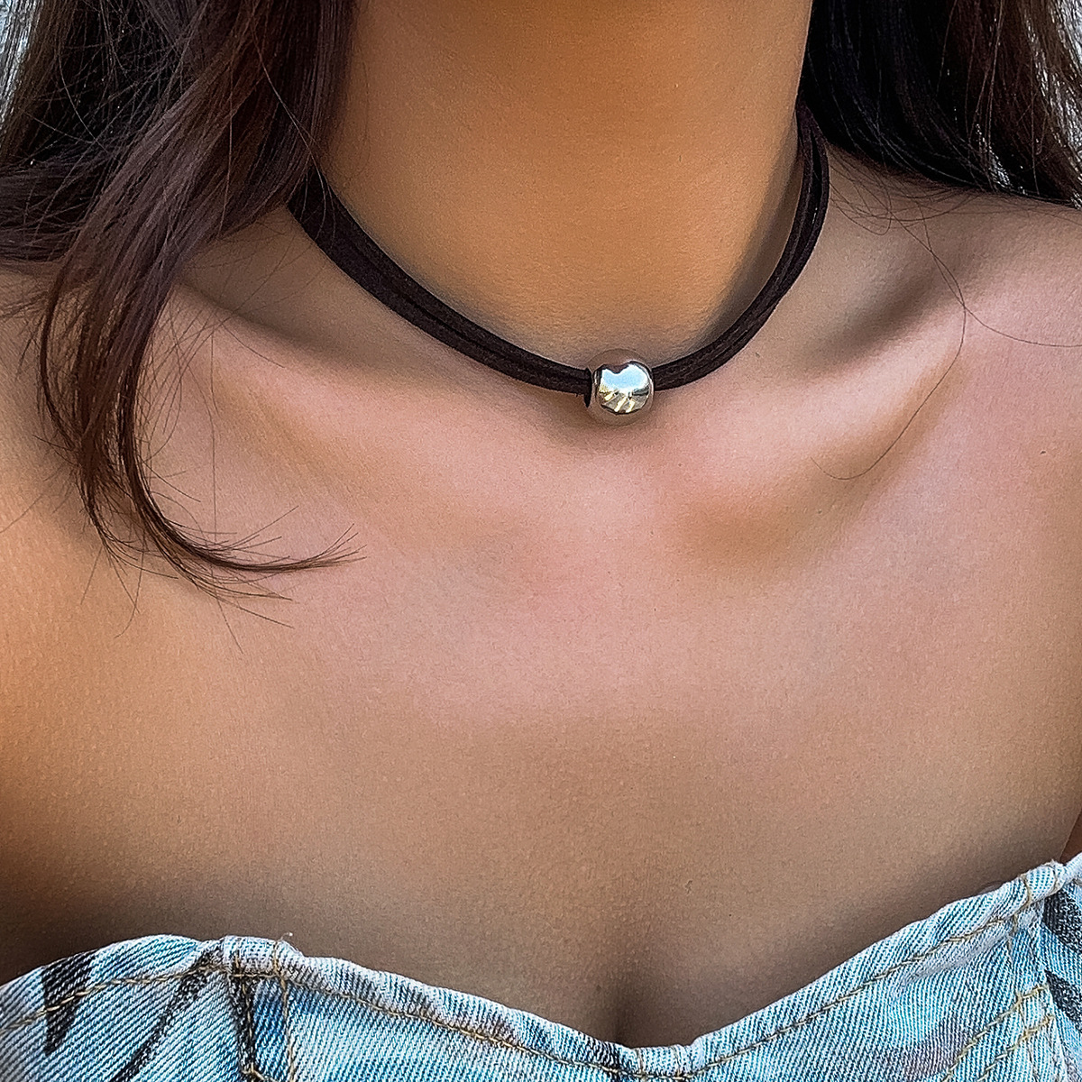 Punk Black Leather Layered Choker Necklace Adjustable Fashion Collar Big Round Gold Color Beads Charm Beading Rock Grunge Jewelry Gifts for Women Ladies