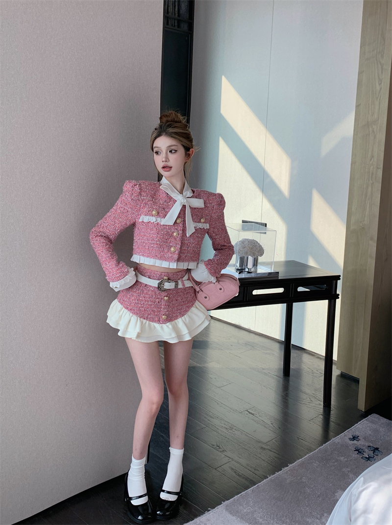 Women's autumn lacing bow collar sweet pleated ruffles patchwork tweed short jacket and sashes mini skirt twinset dress suit XSSML