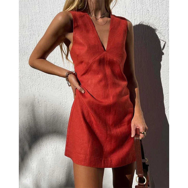 Basic Casual Dresses Cotton Linen Womens Dresses Sexy V-Neck Sleeveless Basic Tank Dress Chic Elegant Ladies Dresses Summer Sale Vestidos Para Mujer LST230904